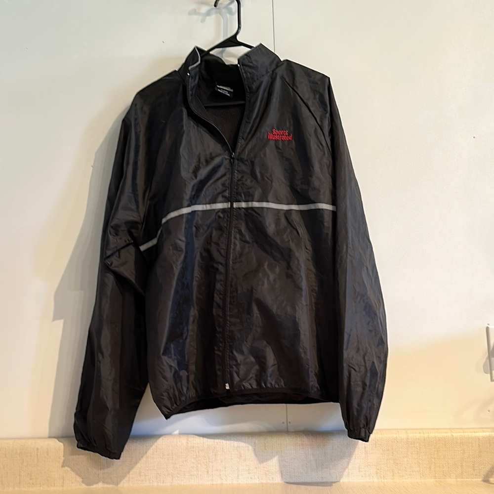 Black Windbreaker with Reflective Stripe and Stand-Up Collar Sports Illustrated